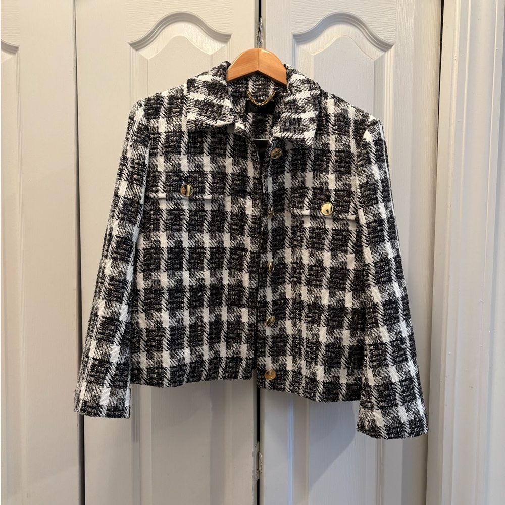 J. Crew Black and White Plaid Tweed Jacket with Gold Chain Detail